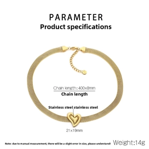 Detailed view of golden stainless steel mesh choker necklace with a 21x19mm heart pendant