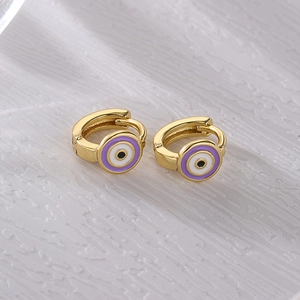 Elegant 18K gold plated hoop earrings with purple and white evil eye enamel pattern