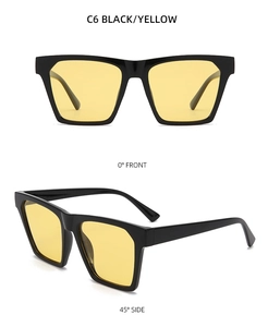 Front and 45-degree side views of C6 black frame sunglasses with yellow lenses