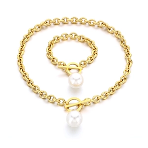 Chic gold titanium steel necklace and bracelet set with large pearl and OT toggle clasp