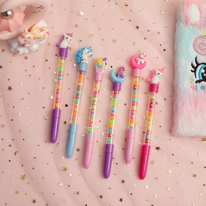 Set of 6 cute cartoon unicorn gel pens with colorful alphabet beads in transparent barrels