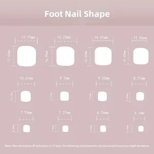 Size chart showing 12 dimensions for square-shaped press-on toenails in a set of 24 pieces