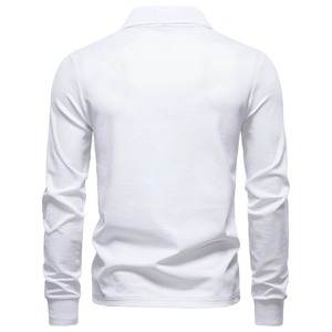 Rear view of high-quality white long sleeve cotton polo shirt with a clean minimalist design