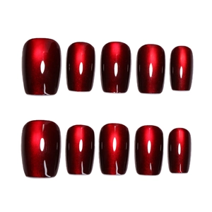 Deep dark red cat eye press on nails set with metallic gloss and medium square shape