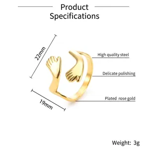Polished rose gold hug open ring in stainless steel with adjustable sizing details