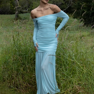 Robe Maxi Femme Épaules Dénudées Manches Longues Mesh Froncée Coupe Ajustée Sexy Dos Nu Élégante