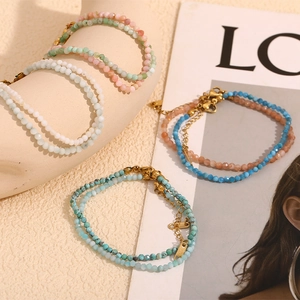 Double-layered 18K gold plated anklet with colorful natural stones and lobster clasp