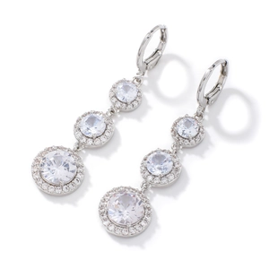 Three-tier geometric zircon drop earrings in polished silver finish for women
