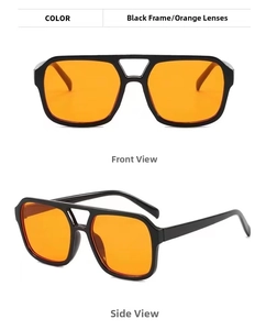 Close-up of black double-bridge pilot sunglasses with bright orange lenses in two views
