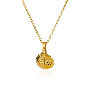 Close-up of golden shell pendant necklace with polished metallic finish and reflection