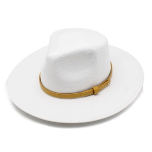 Detail of white wool fedora hat featuring a bright yellow snake-patterned leather decorative band