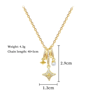 Detail view of pearl and star ring pendant with chain weight and length specifications
