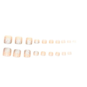 Short square press-on toenails with nude pink base and silver glitter gradient finish
