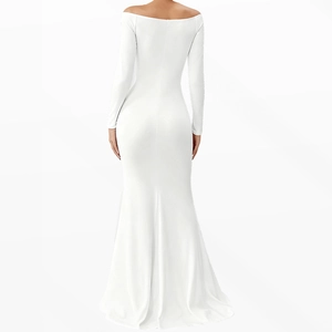 Rear view of an elegant off-the-shoulder white mermaid dress with a long trailing hem