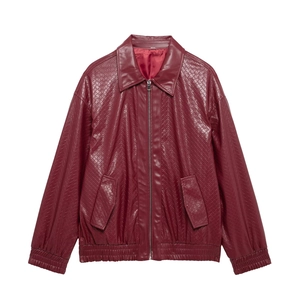 Burgundy woven leather bomber jacket with classic collar and full metal zipper closure