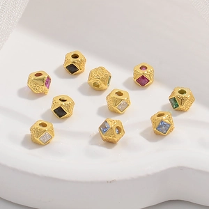 925 Sterling Silver Spacer Beads Gold Plated Inlaid Colorful Zircon Hammered Texture DIY Jewelry Making Hexagon Shape