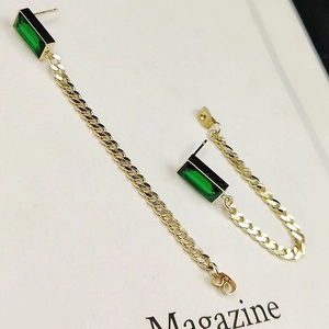 Golden titanium steel earrings with green rectangular stones and long tassel cuban chains