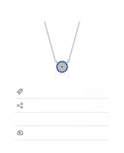 Macro detail of S925 sterling silver evil eye necklace with size and weight dimensions