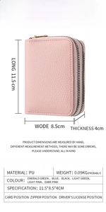 Detailed size chart and internal structure of the light pink PU leather wallet with zippers