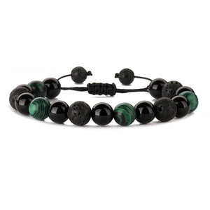 Handmade 10mm lava stone and malachite beaded bracelet with woven adjustable cord