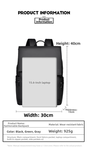 Detailed size chart showing 40x30x15cm dimensions for the 15.6 inch laptop backpack