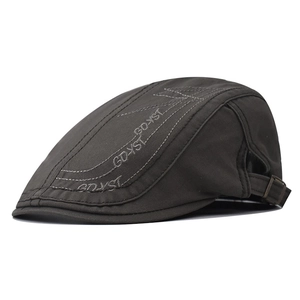 Adjustable dark grey cotton ivy cap with embroidered GDYST logo and side stitching