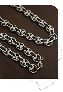Detail of silver Byzantine chain necklace with black rectangular accents and lobster clasp