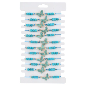 Set of 12 turquoise and gold woven bracelets with crystal beads and butterfly charms