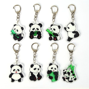 Set of 8 cute cartoon panda acrylic keychains in various poses with metal D-rings