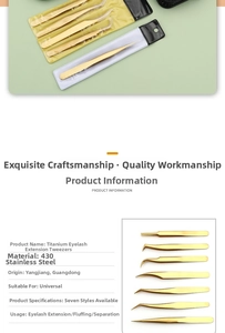 Detailed view of seven-piece golden stainless steel eyelash tweezers set for lash extension