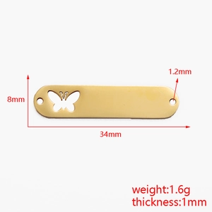 Gold stainless steel rectangle pendant with butterfly cutout and technical dimensions