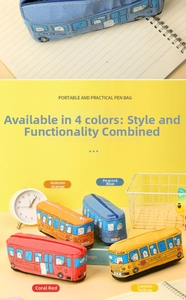 Detail view of large capacity canvas bus pencil cases in four vibrant school bus colors