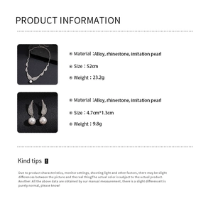 Detail specifications for wing necklace and earrings with rhinestones and pearls
