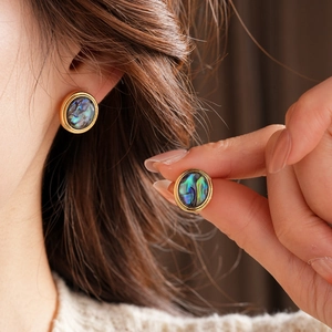 Macro detail of 18K gold-plated earrings featuring iridescent colorful shell inlay