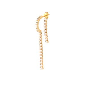 Detailed macro view of gold tassel long earrings featuring sparkling zircon stone settings