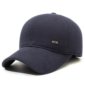 Winter men's navy earflap baseball cap with thick lining and metal buckle accent