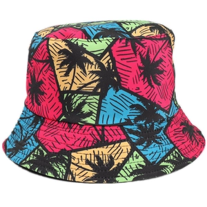 Colorful reversible bucket hat with tropical palm tree print and vibrant color blocking