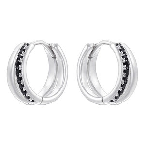 Close-up of silver-tone double-layered hoop earrings with pave-set black zircon stones