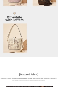 Detailed view of cream bucket bag showing contrast letter print and metal twist lock