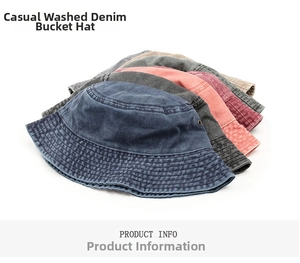 Detail of washed denim bucket hats showing reinforced stitching and metal air vents