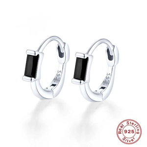 Vintage S925 sterling silver hoop earrings with rectangular black zircon gemstone