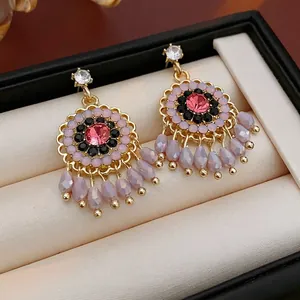Bohemian Vintage Flower Drop Earrings Alloy Rhinestone Crystal 925 Sterling Silver Earring Post Ethnic Jewelry Women