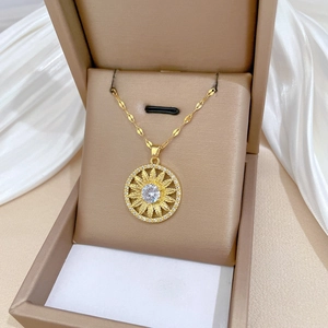 Sunflower pendant necklace with crystals in a jewelry box, titanium steel chain