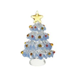 Elegant clear glass Christmas tree ornament with colorful balls and a yellow star topper
