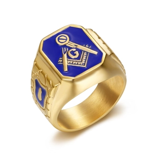 Gold plated titanium steel Masonic ring with blue enamel and G compass logo for men
