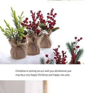 Detail of mini Christmas tree pots with red berries pine cones and burlap base