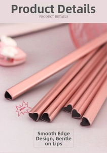 Macro shot of rose gold heart-shaped stainless steel straw with smooth polished edge detail