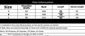 Size chart for off-shoulder knit sweater with measurements in CM for S, M, and L sizes