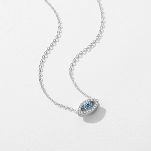 S925 Sterling Silver Evil Eye Necklace with Micro-paved Blue and Clear Zirconia Crystals