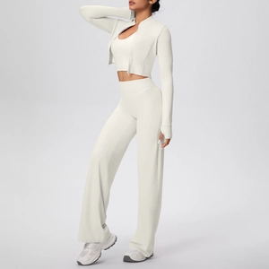 Détails de l'ensemble de yoga 3 pièces avec veste zippée, débardeur et pantalon évasé